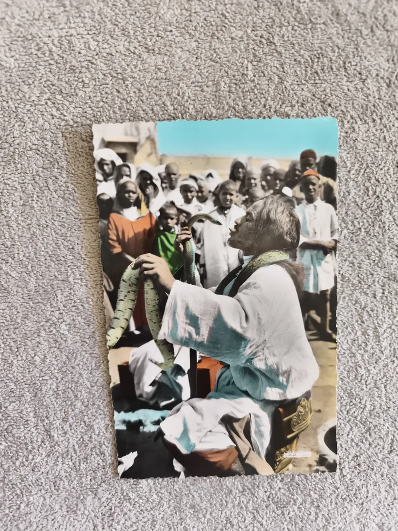 Carte postale CPA charmeur de serpents scène orientale colorisée