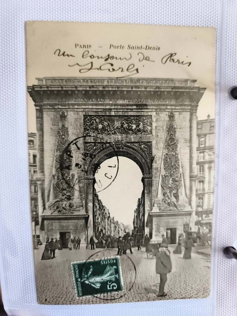 Carte postale CPA Paris Porte Saint-Denis timbre 5c animation