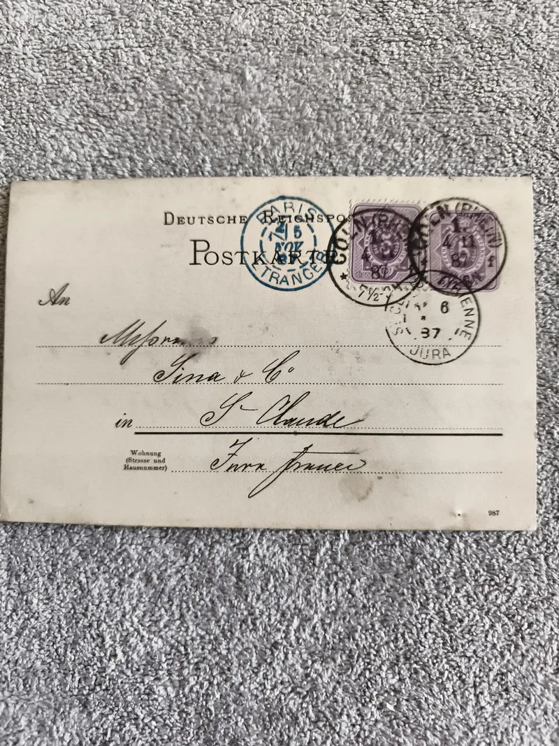 CPA allemande affranchie timbres violets 5 Pfennig cachet Paris 1897