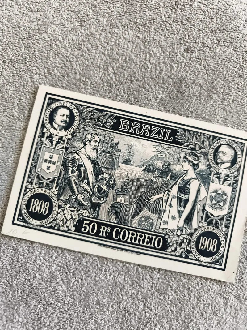 Timbre postal Brésil 50 Rs 1908 Centenario noir philatélie décor historique