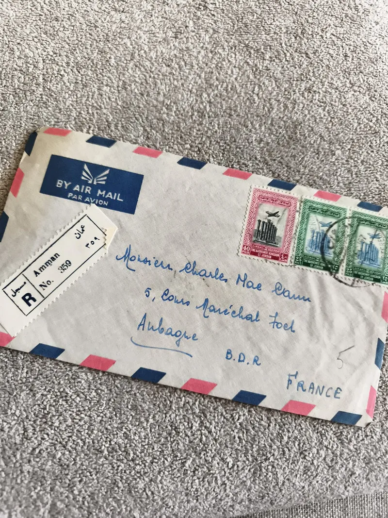 Lettre aérienne recommandée Jordanie vers France timbres 40f/15f oblitérés phila