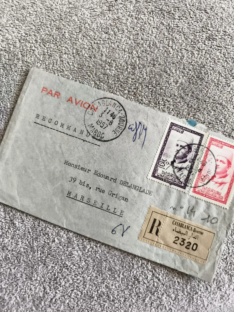 Lettre recommandée Maroc 1957 timbres aviateur Casablanca Marseille philatélie