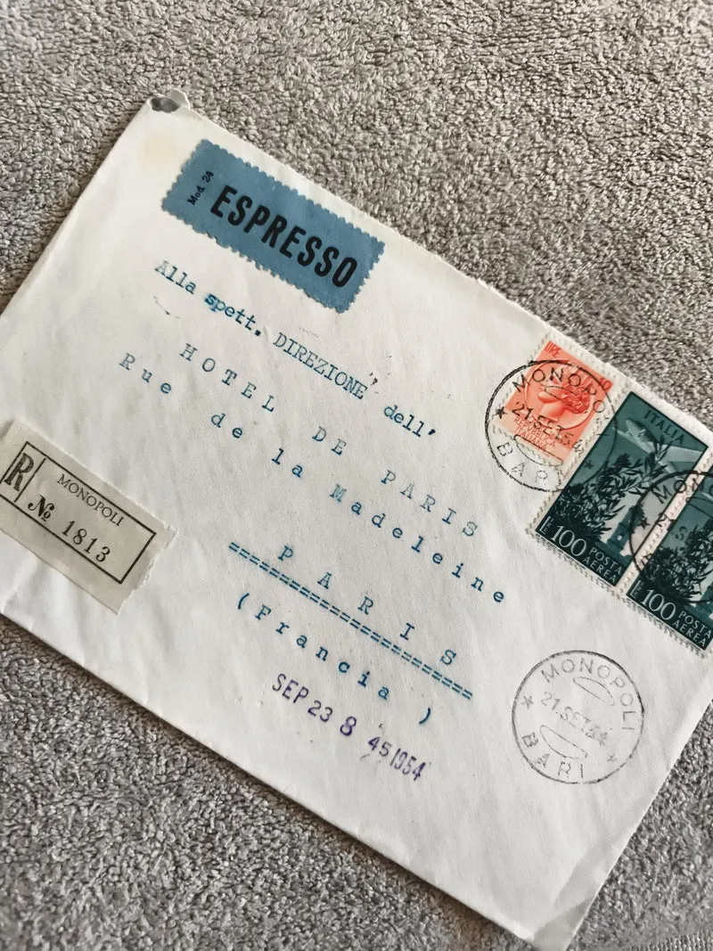Lettre recommandée affranchie Italie 1954 cachet Monopoli Paris timbres Espresso