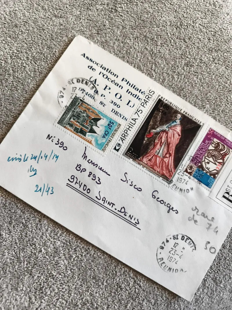 Lettre philatélique oblitérée 1974 Réunion ARPHILA timbres France illustrés