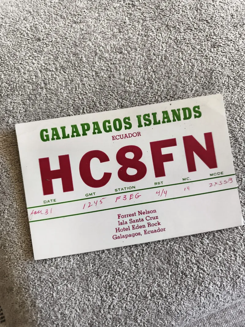 Carte QSL radio HC8FN Galapagos Islands ancienne Équateur vintage DX amateur