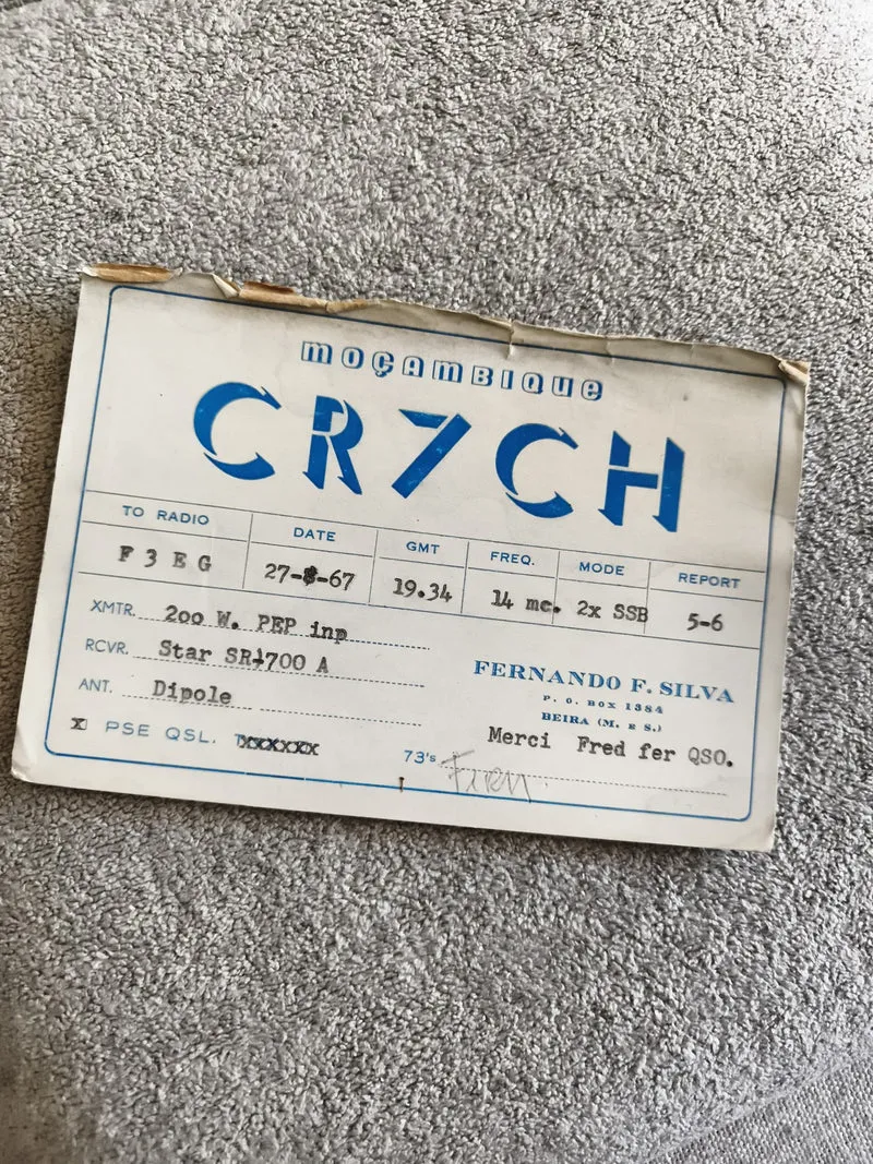 Carte QSL radio ancienne Mozambique CR7CH 1967 DX radioamateur vintage