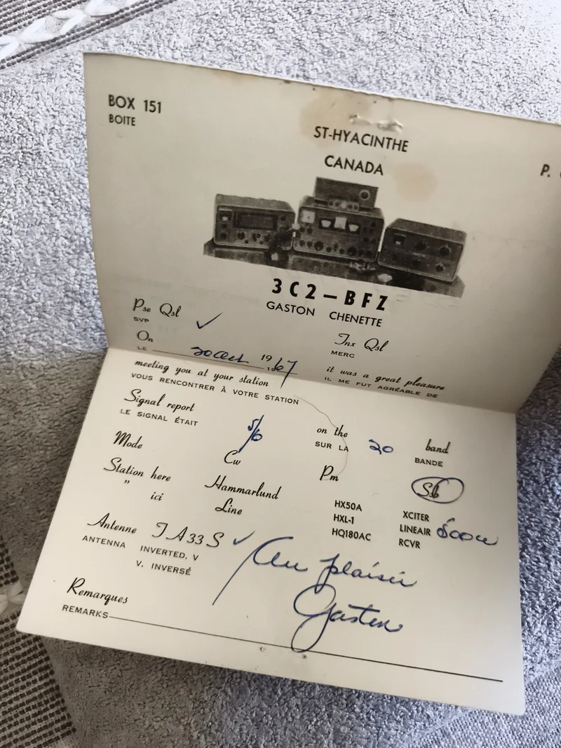 Carte QSL radio ancienne St-Hyacinthe Canada 3C2-BFZ Gaston Chenette vintage