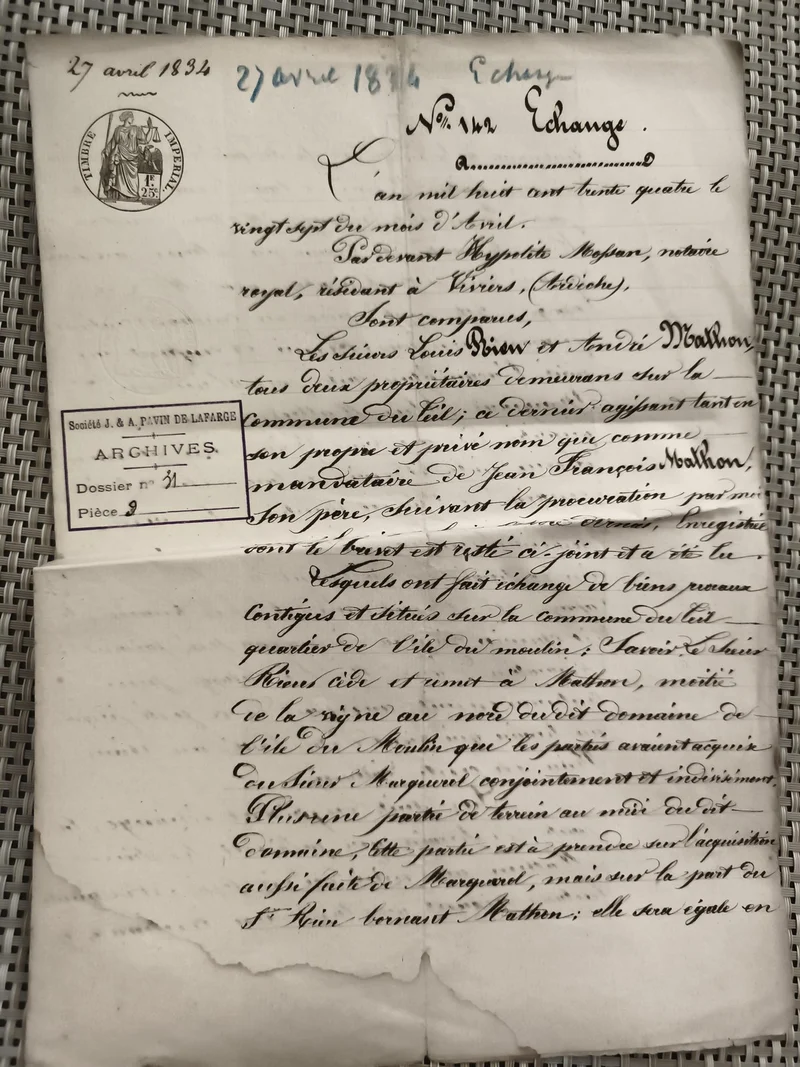 Document manuscrit ancien 1834 notaire échange terres Viriers Allier cachet