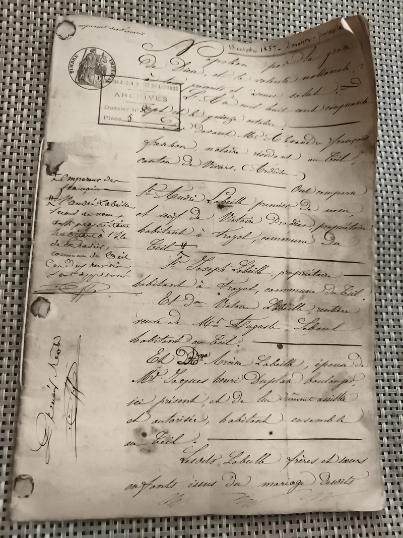 Document manuscrit ancien 1857 cachet archives Tampon officiel France
