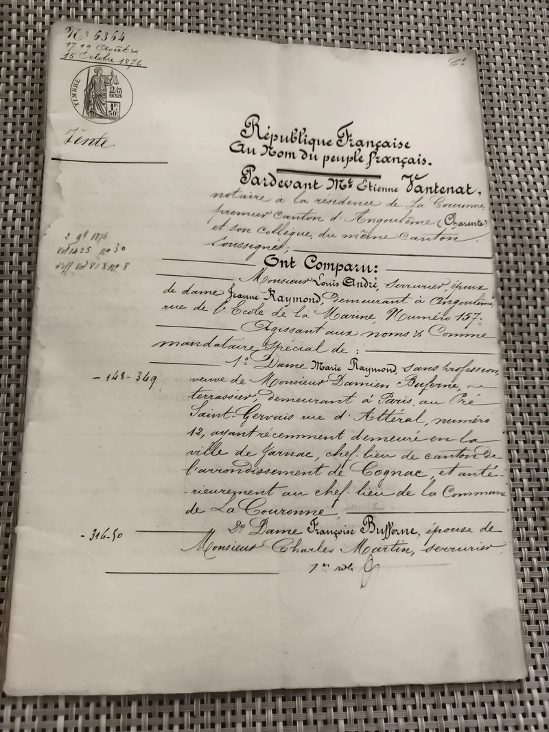 Ancien document manuscrit notarié 1876 République Française vente