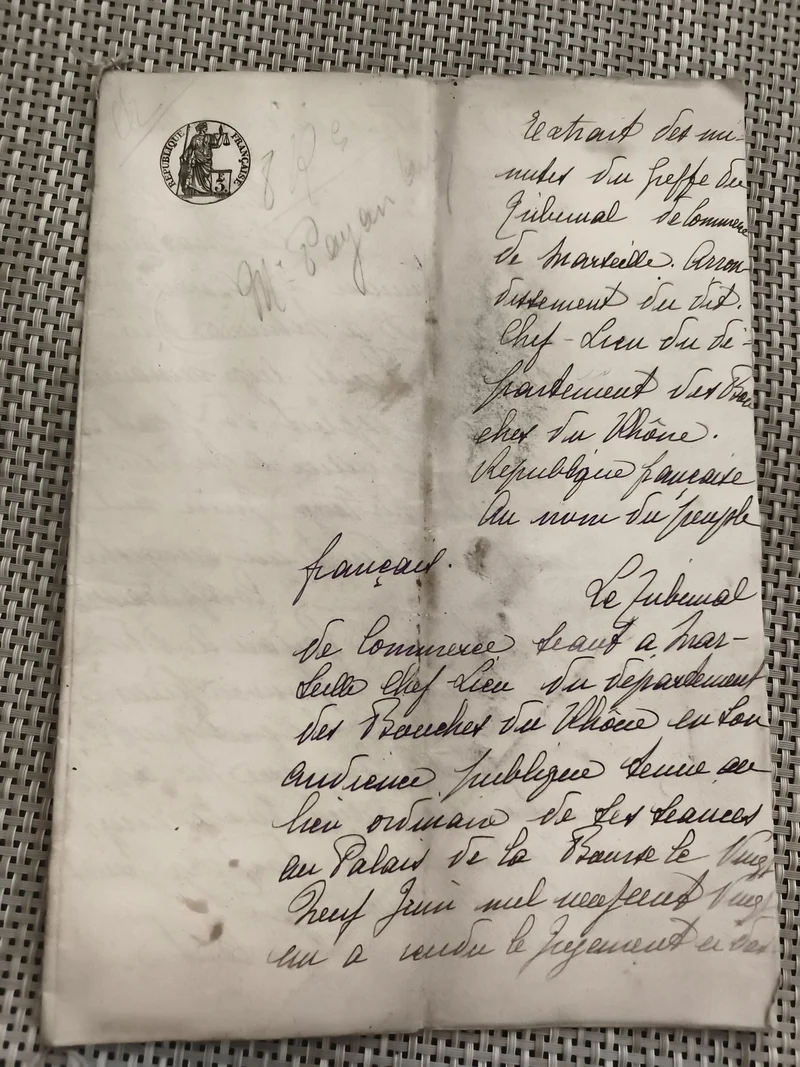 Ancien document manuscrit tribunal République Française XIXe Marseille