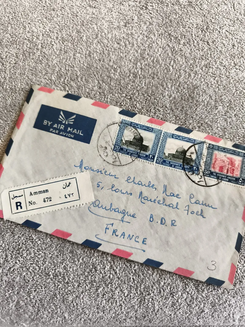 Lettre aérienne recommandée Jordanie Amman 1960s affranchissement philatélie