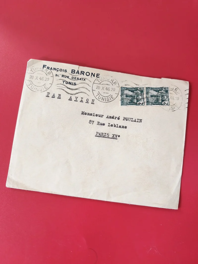 Enveloppe philatélie affranchie Tunisie cachets 1946 timbres verts Par Avion