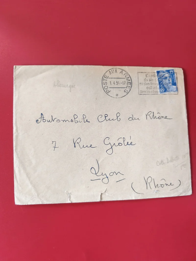 Enveloppe philatélie timbre bleu 15c Poste aux Armées adressée Lyon