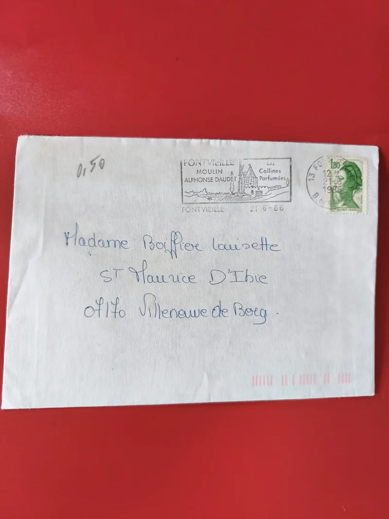 Enveloppe timbrée philatélie Fontvieille oblitérée, écriture manuscrite