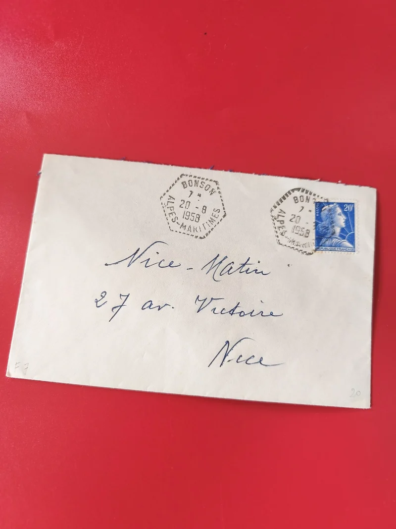 Enveloppe oblitérée philatélie timbre Marianne bleue 20c Bonson 1958