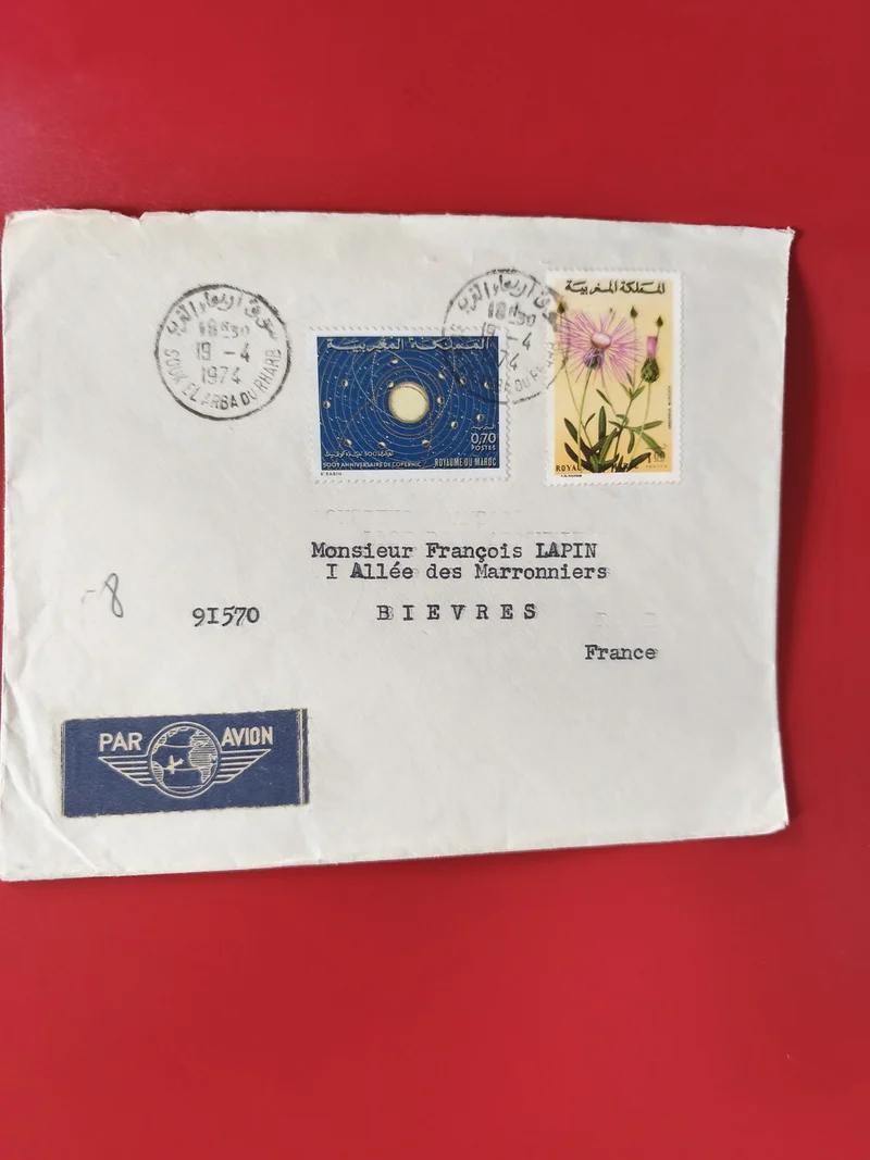 Enveloppe affranchie timbres Maroc, motif floral et astronomie, Par Avion