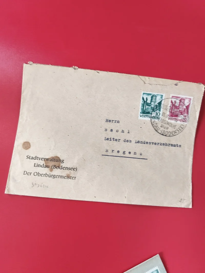 Enveloppe philatélie timbrée Lindau Allemagne, cachet visible, usure d?usage