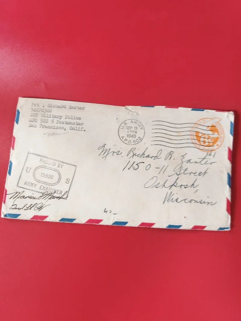 Enveloppe philatélie US Army 6¢ oblitérée, liseré tricolore, cachets visibles