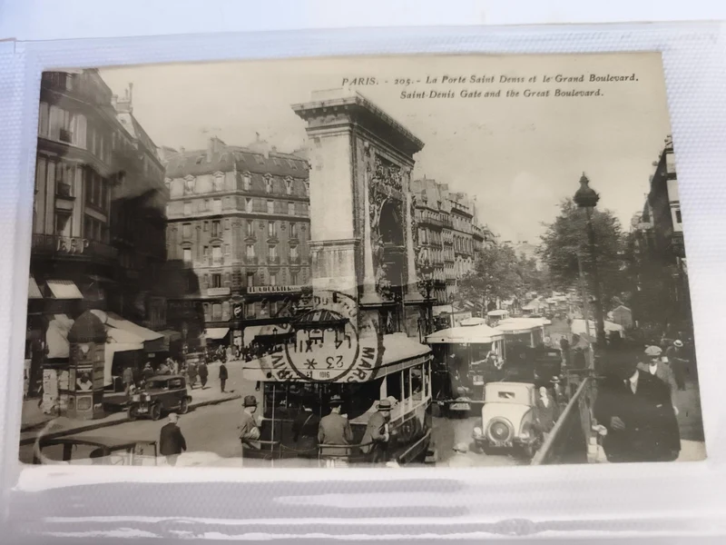 Carte photo Paris Porte Saint Denis tramway voitures CPA ancienne