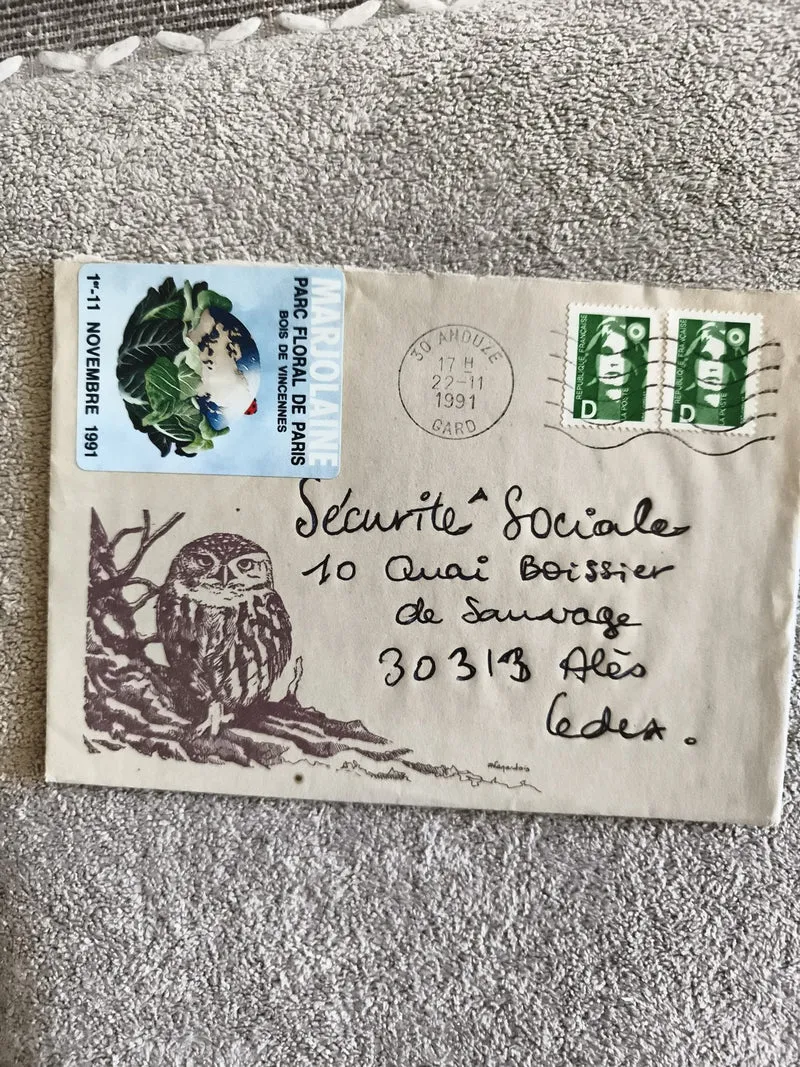 Lettre illustrée chouette 1991 timbres Marianne, cachet Anduze, Parc Floral Pari