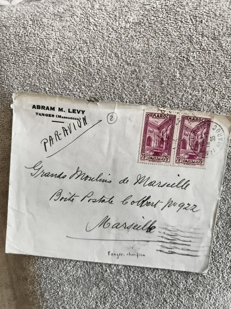 Lettre affranchie Maroc Tanger 2 timbres 75c cachet 1935 Par Avion philatélie