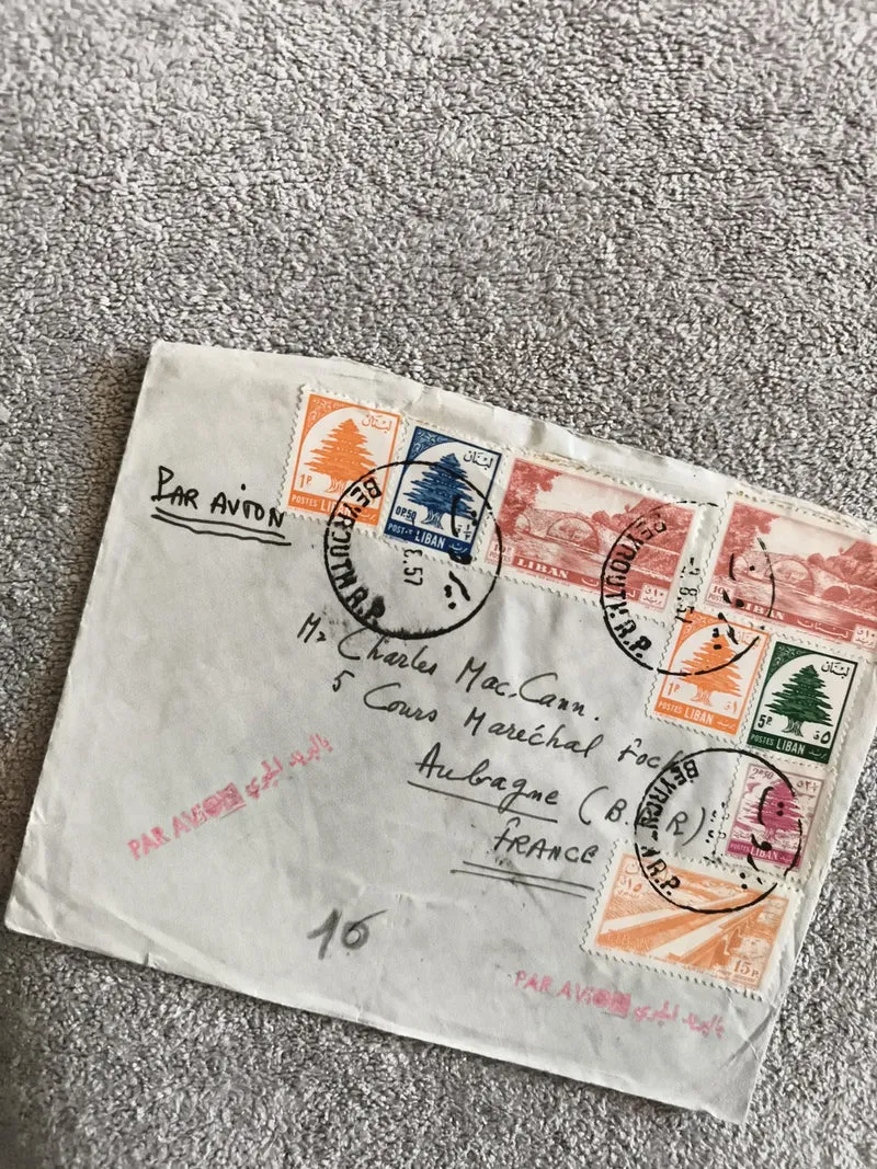 Lettre affranchie Liban années 1950, timbres cèdre, cachets Beyrouth, Par Avion