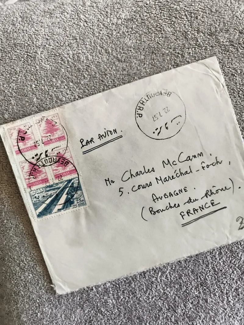 Lettre affranchie Liban 1951 timbres cèdre rose bleu aviation cachet Beyrouth ph
