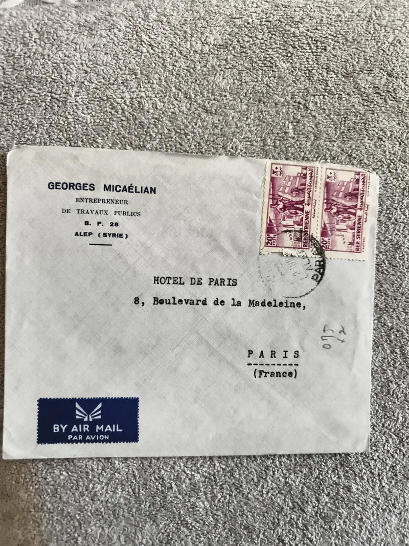 Lettre affranchie Syrie 2 timbres 20p Alep Paris cachet Georges Micaélian philat