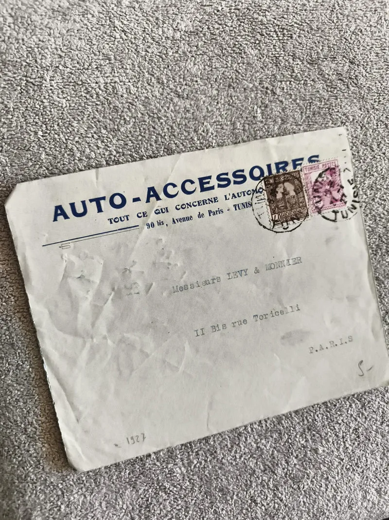 Lettre Auto-Accessoires Tunis 1927 timbres Tunisie philatélie cachet Paris