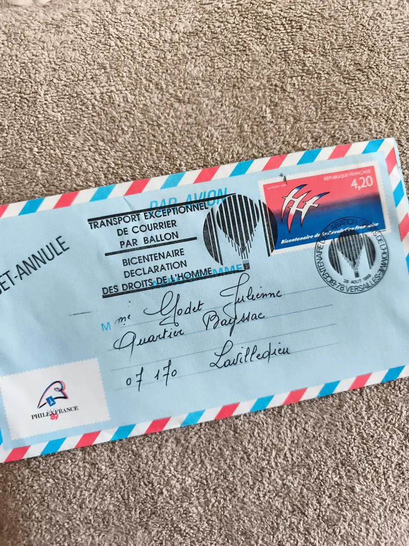 Lettre par avion Philatélie ballon Bicentenaire DDH France affranchissement 4,20