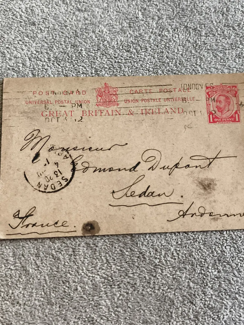 Carte postale GB & Ireland 1d rouge George V London-Sedan philatélie