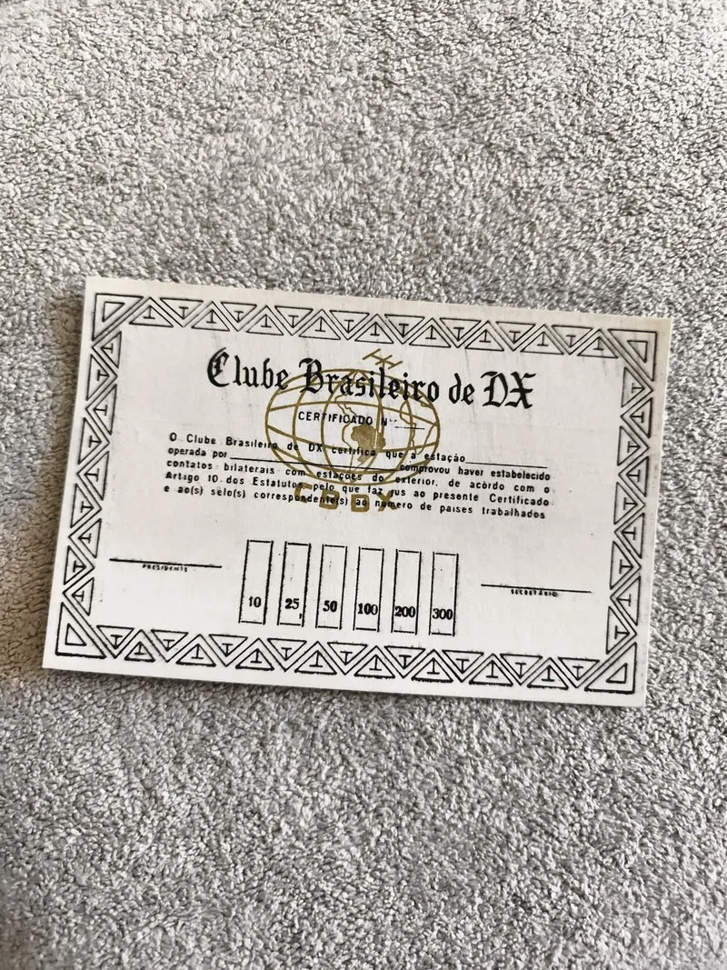 Carte certificat radio Clube Brasileiro de DX ancienne, papier, vintage radioama