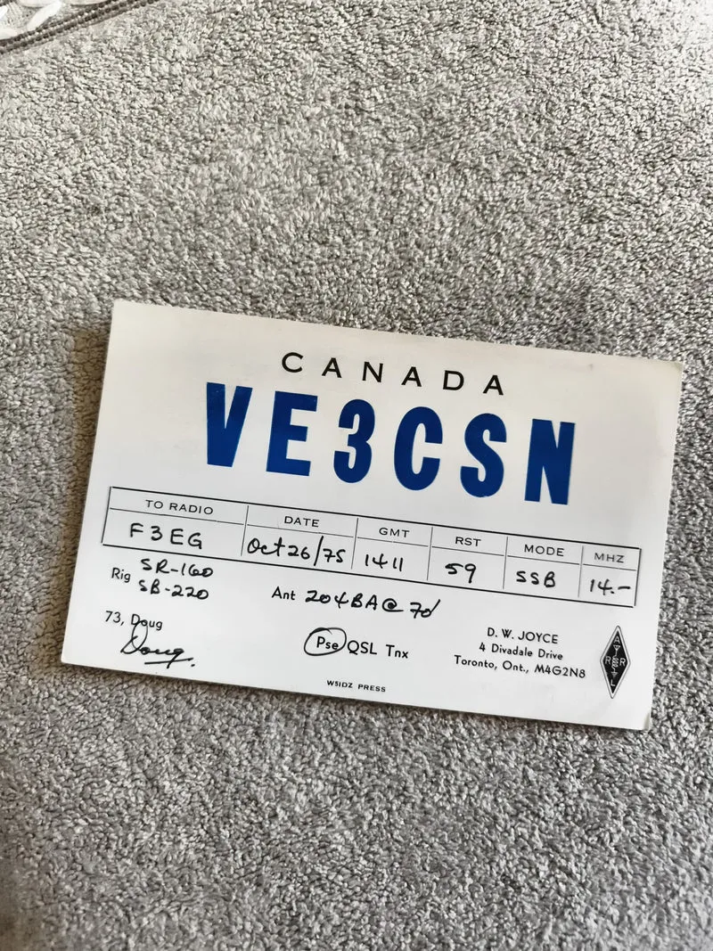Carte QSL radio VE3CSN Canada 1975 ancienne QSL amateur vintage ondes courtes