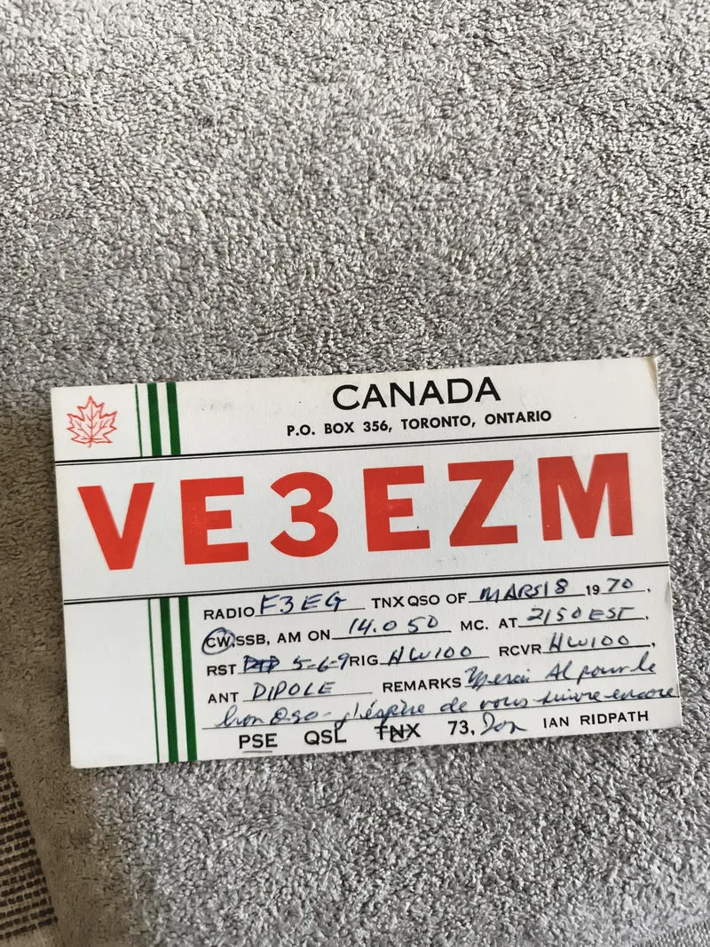 Carte QSL radio amateur VE3EZM Canada 1970 ancienne carte QSO vintage