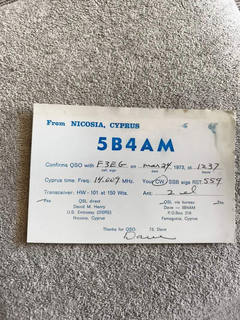 Carte QSL radio ancienne Chypre 5B4AM Nicosia 1973 CW SSB QSO vintage
