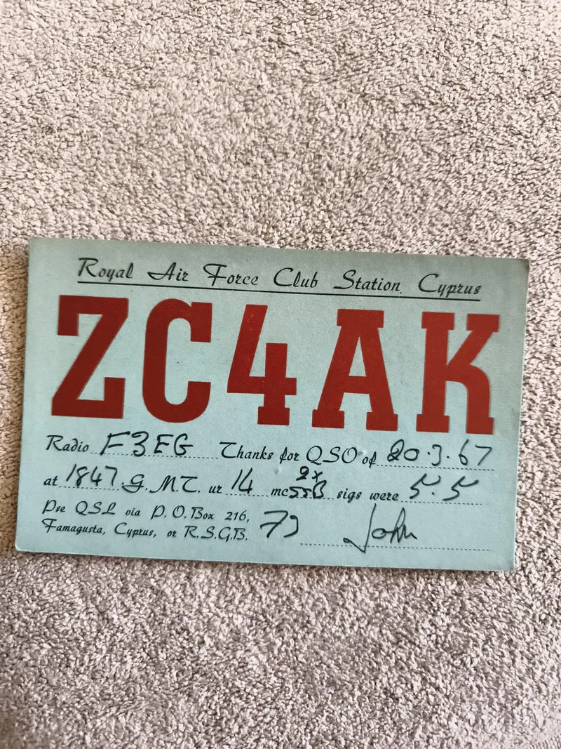 Carte QSL radio ZC4AK Royal Air Force Club Chypre 1967 ancienne QSO vintage