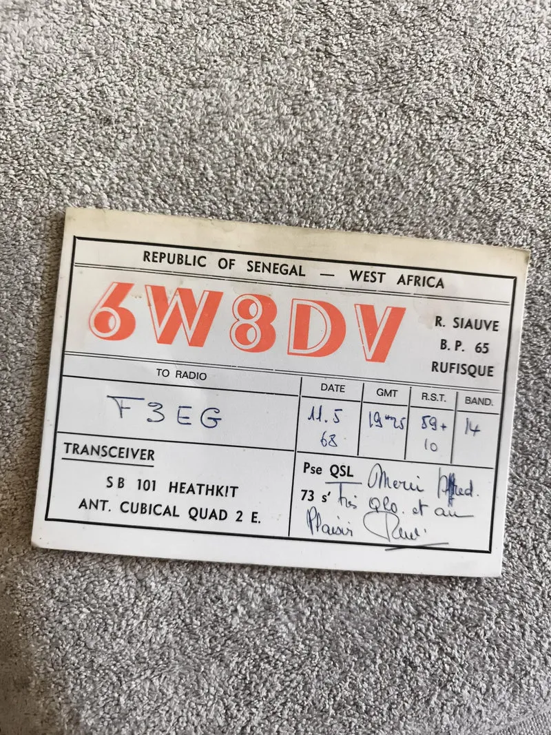 Carte QSL ancienne Sénégal 6W8DV radioamateur 1968 transceiver Heathkit