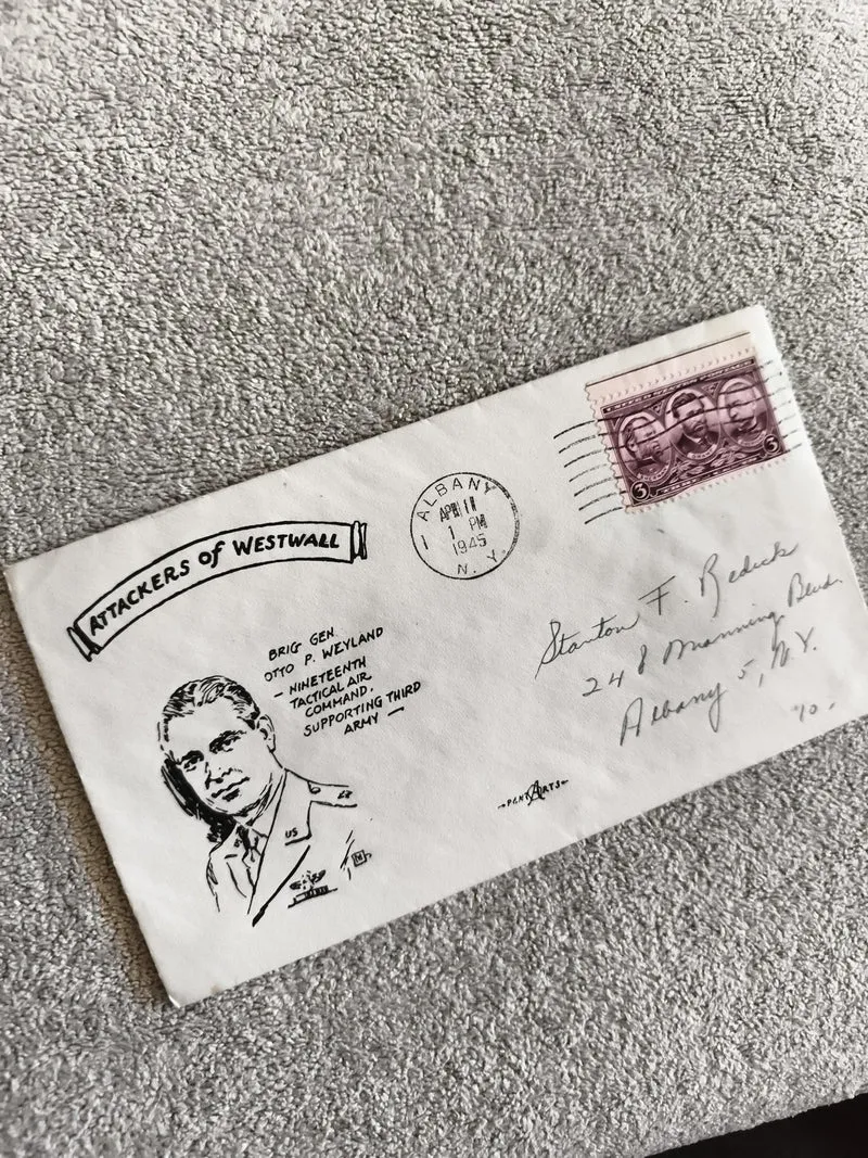 Lettre illustrée 1945 Attacker of Westwall cachet Albany timbre US philatélie