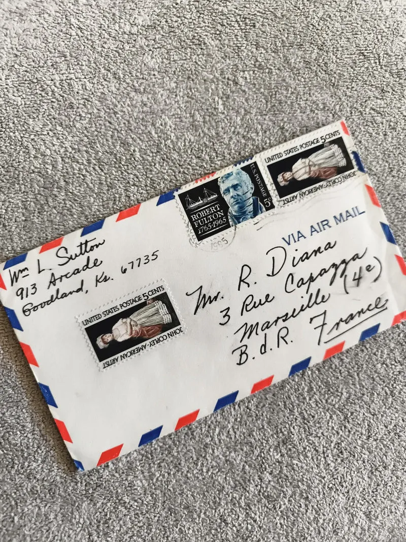 Lettre airmail USA 1965 timbres Robert Fulton John Copley oblitérés philatélie