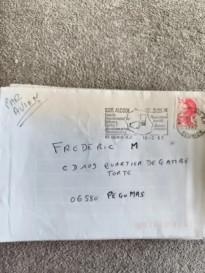 Lettre affranchie Réunion 1987 Marianne 2,20 F cachet S.O.S. Alcool avion philat