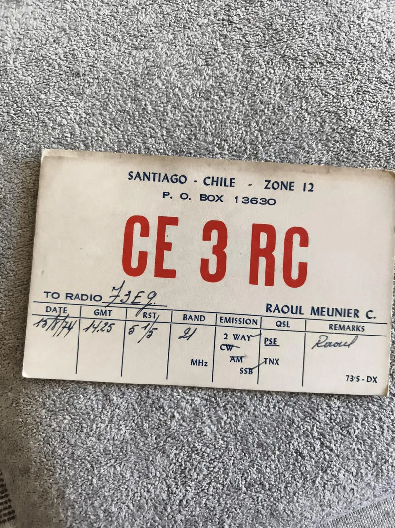 Carte QSL radio ancienne CE3RC Chili Santiago 1974 radioamateur vintage