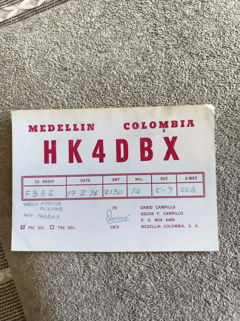 Carte QSL radio ancienne HK4DBX Colombie Medellin 1976 radioamateur vintage