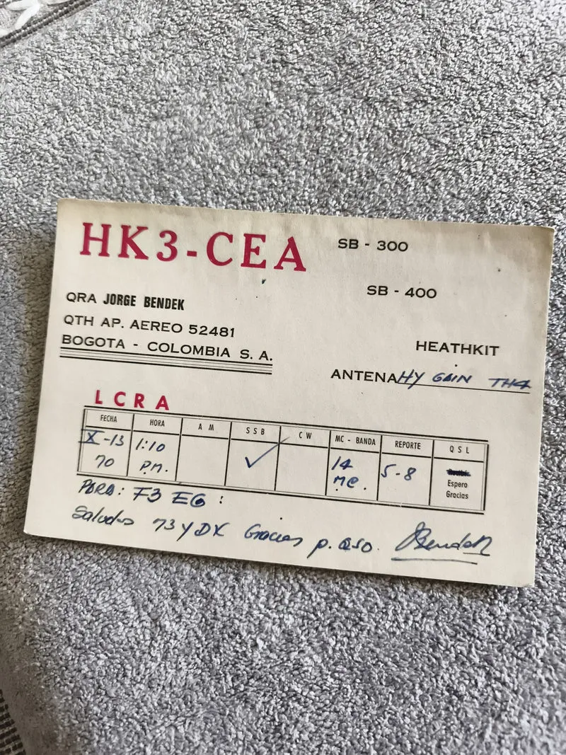 Carte QSL radioamateur HK3-CEA Colombie ancienne, Heathkit, Bogota, vintage