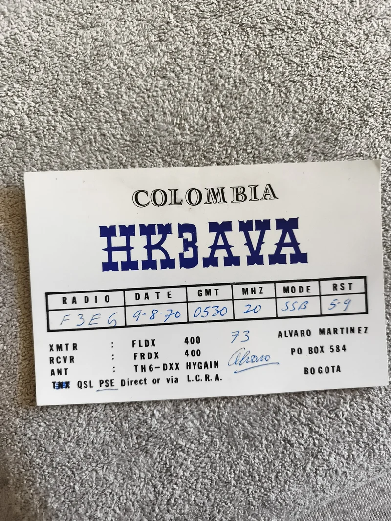 Carte QSL radio amateur HK3AVA Colombie 1970 vintage SSB DX ancienne