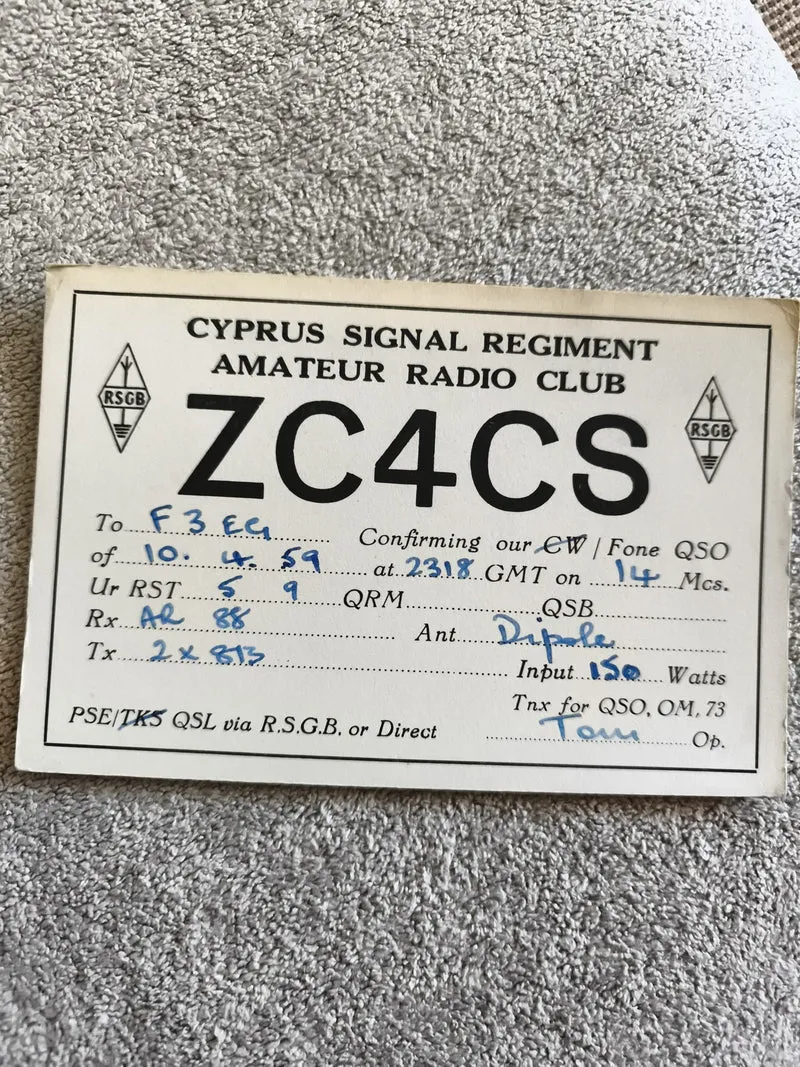 Carte QSL radio amateur ZC4CS Cyprus Signal Regiment 1959 ancienne QSO RSGB