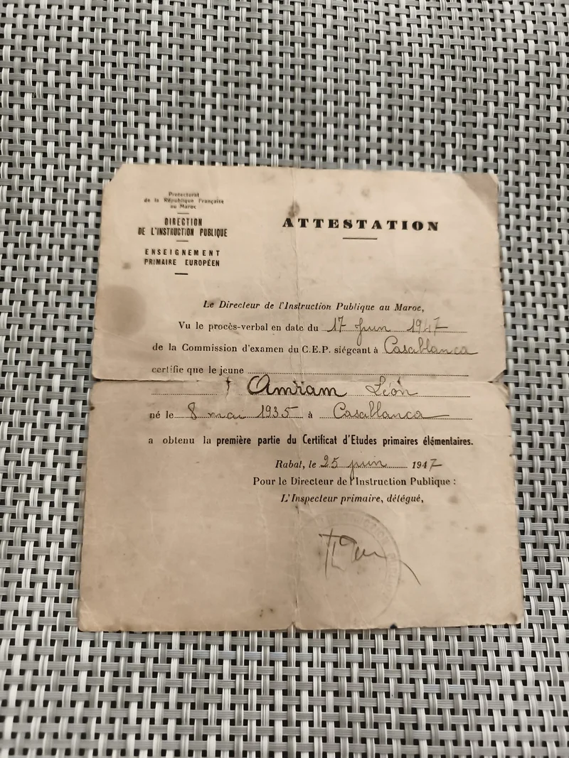 Attestation ancienne 1947 certificat études primaires Maroc Casablanca vintage