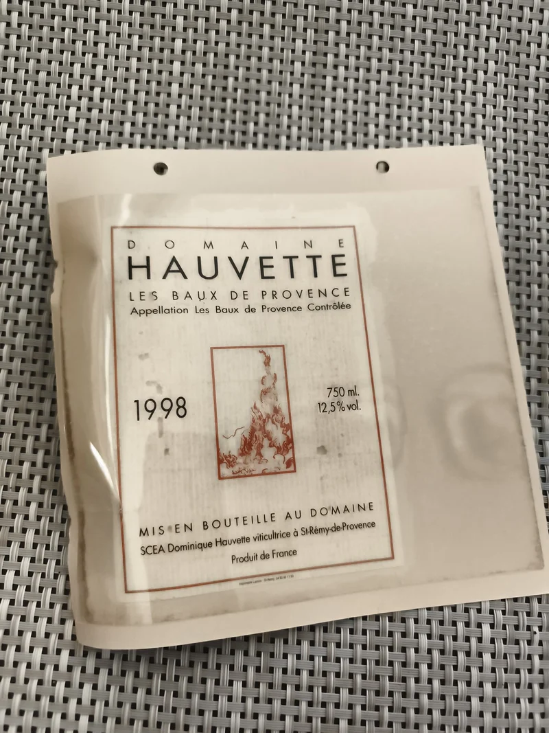 Étiquette vin Domaine Hauvette 1998 Les Baux de Provence France