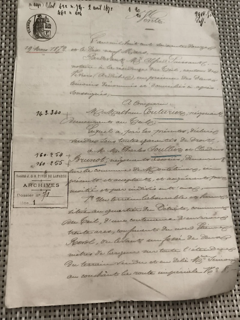Document manuscrit ancien 1892 vente terrain, cachet, archives Lafage