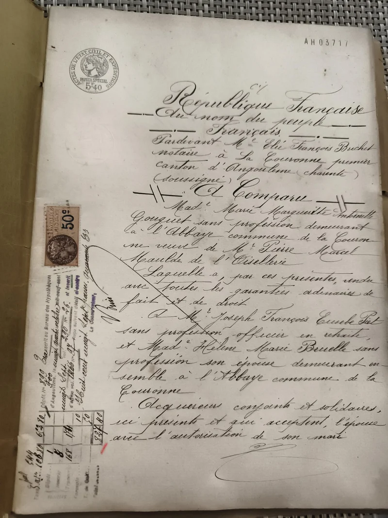 Ancien document notarié manuscrit timbre fiscal République Française 1900s